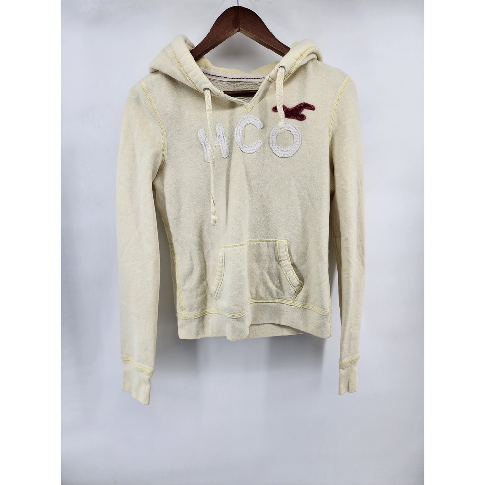 Hollister HCO Womens Large Cream Yellow Pullover Hoodie Logo Fleece Sweatshirt